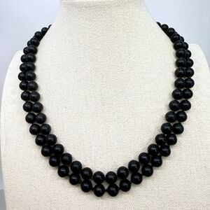Vintage Double Strand Matte Black Round Bead Necklace Box Clasp Marked Japan